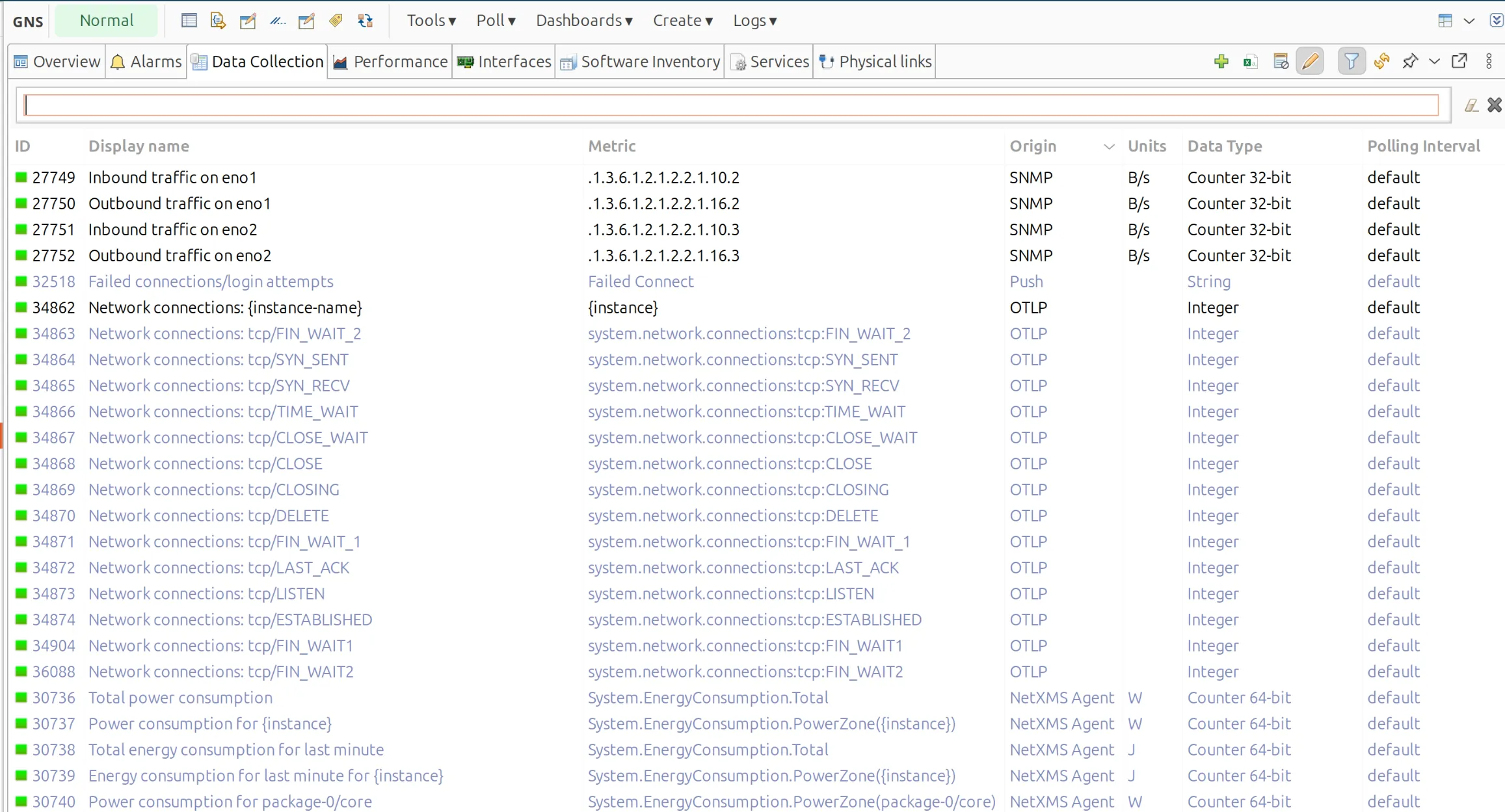 OTLP metrics in the node's data collection list, next to SNMP, push and NetXMS agent metrics