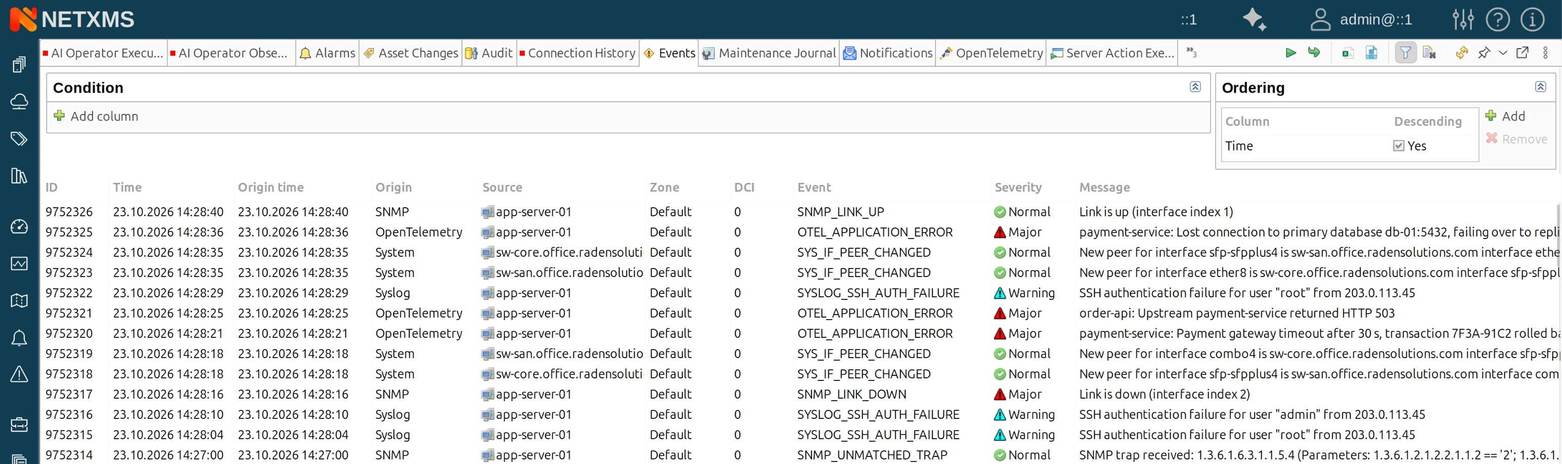Events from OpenTelemetry logs next to syslog and SNMP trap events on the same node