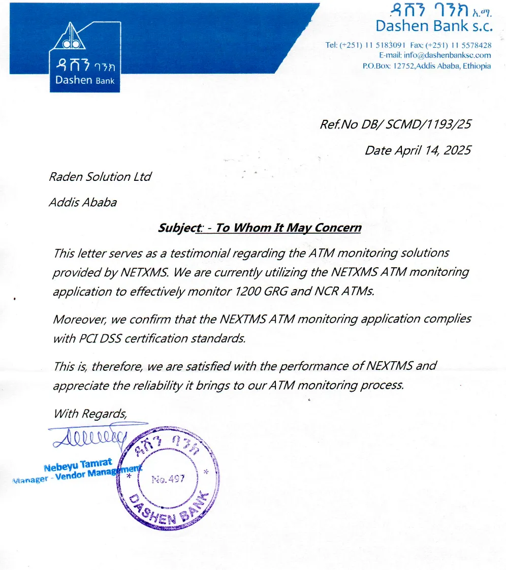 A written testimonial from a client in Ethiopia, confirming NetXMS ATM monitoring system's compliance with PCI DSS certification standards