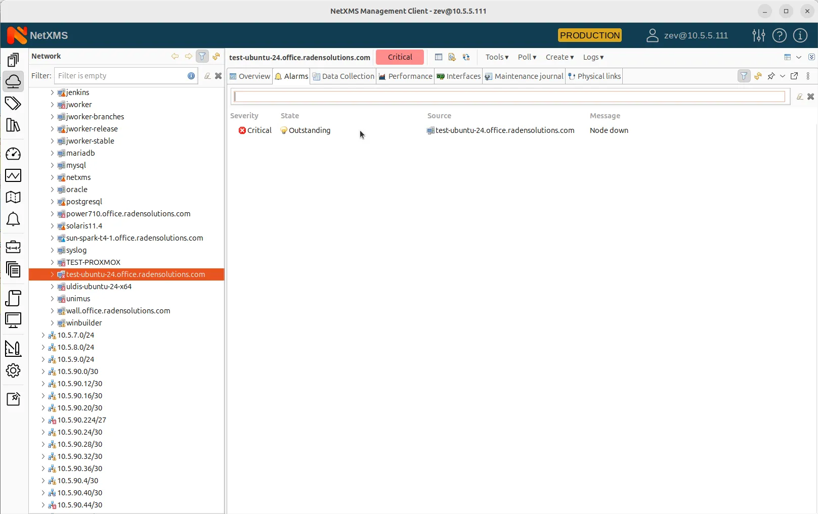 Critical alarm about the status of a node in NetXMS monitoring system