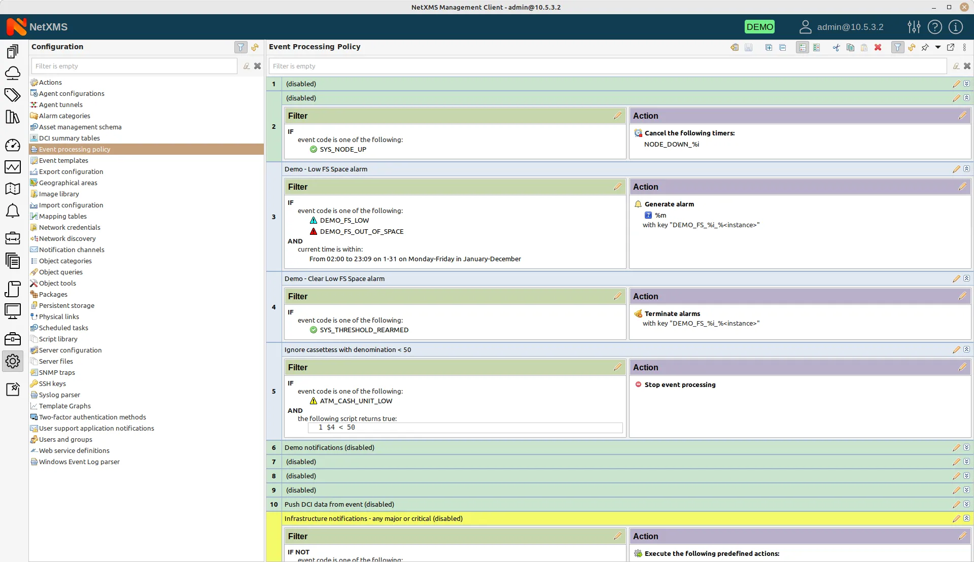 Flexible Event Processing Policy in the NetXMS ATM monitoring and management system allows to set up a complex logic behind a reaction to certain events, including remote automatic actions and escalation.