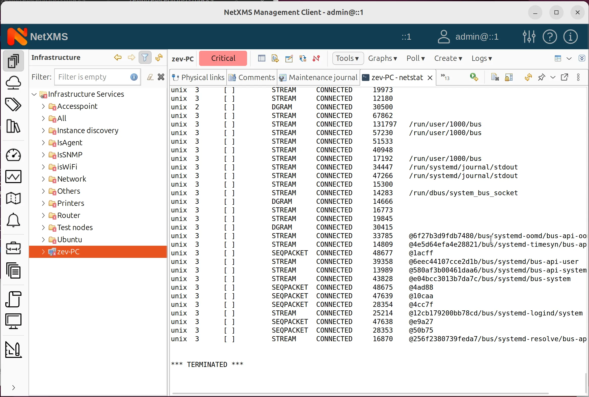 Netstat execution output in NetXMS