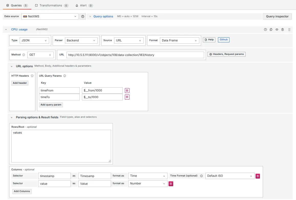 Configuration of the graph data source using the Infinity Plugin