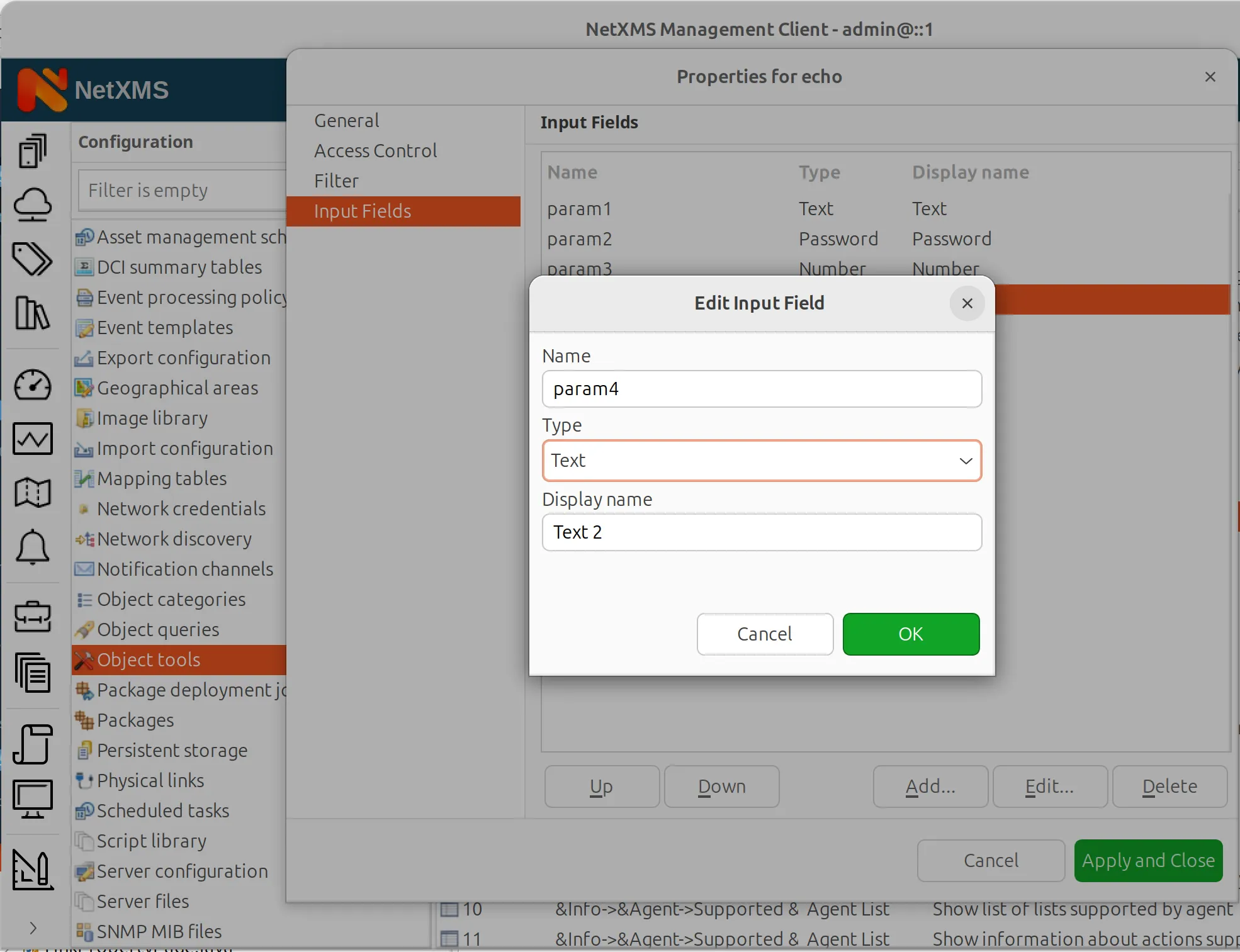 Configuration dialog window for Input Field