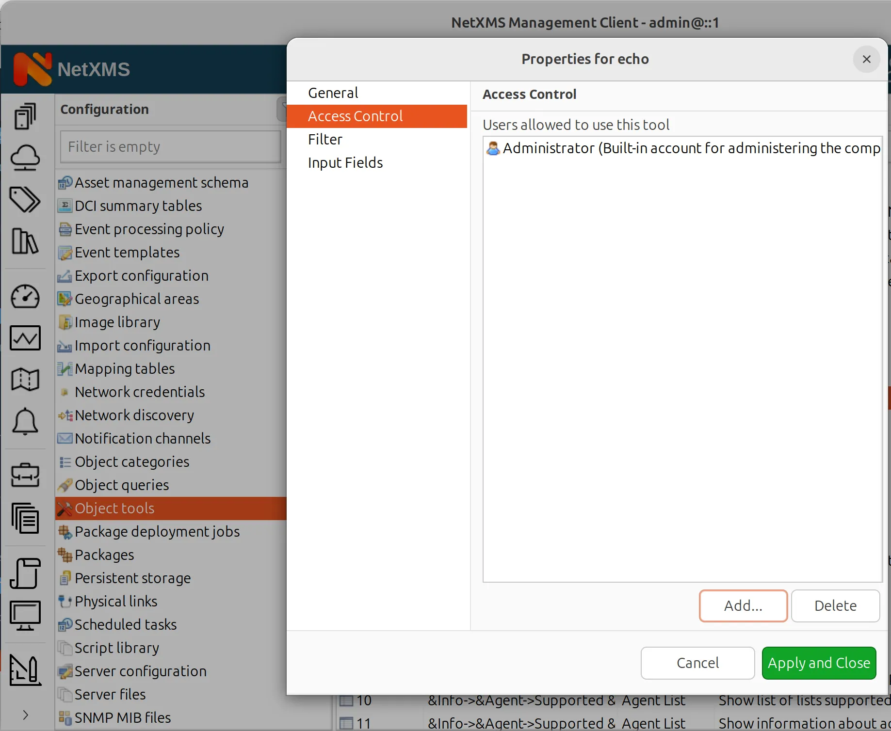 Access Control window to add users who are allowed to use this tool