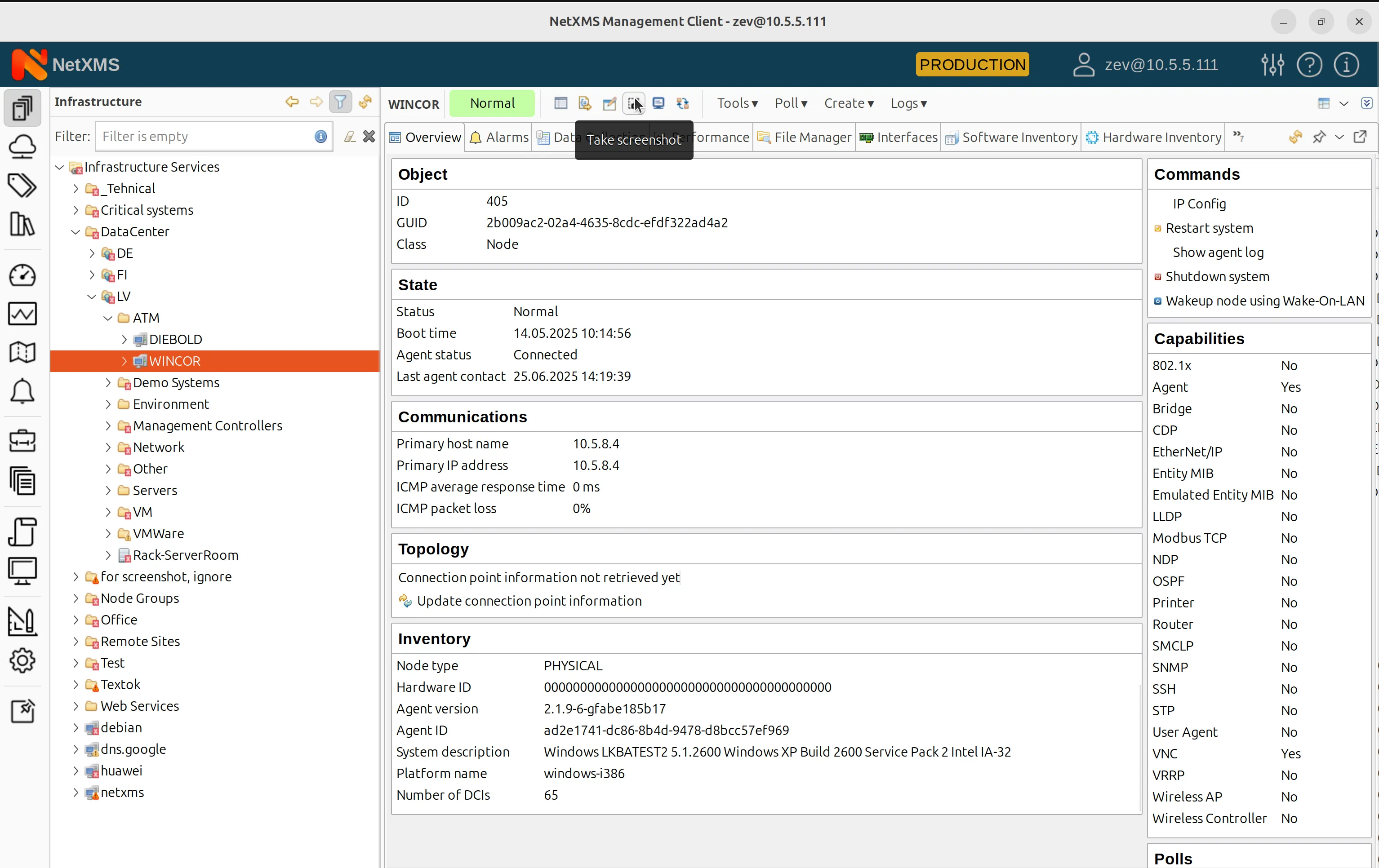 Take Screenshot option in the NetXMS upper control menu