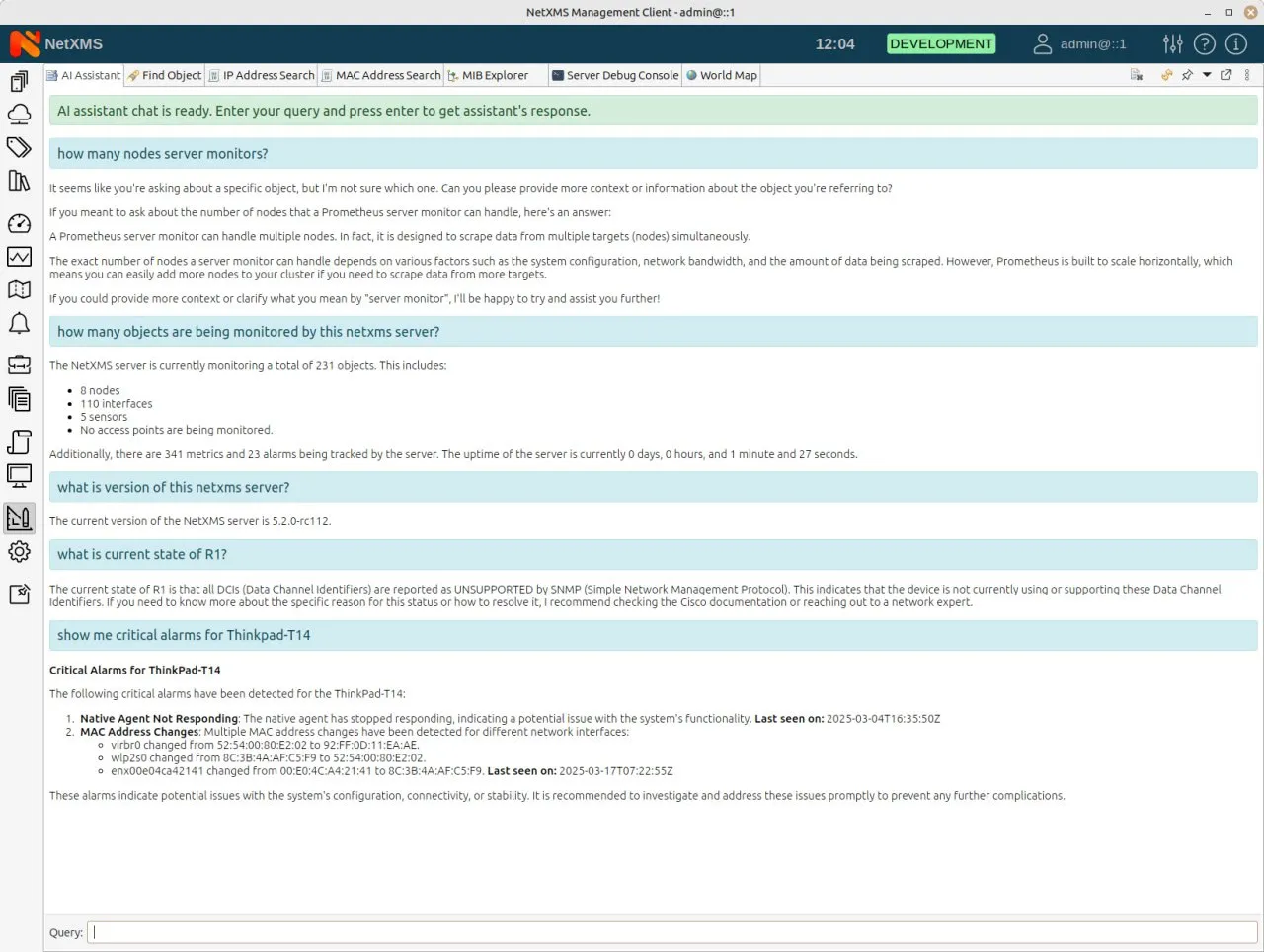 A dedicated AI assistant chat window in NetXMS