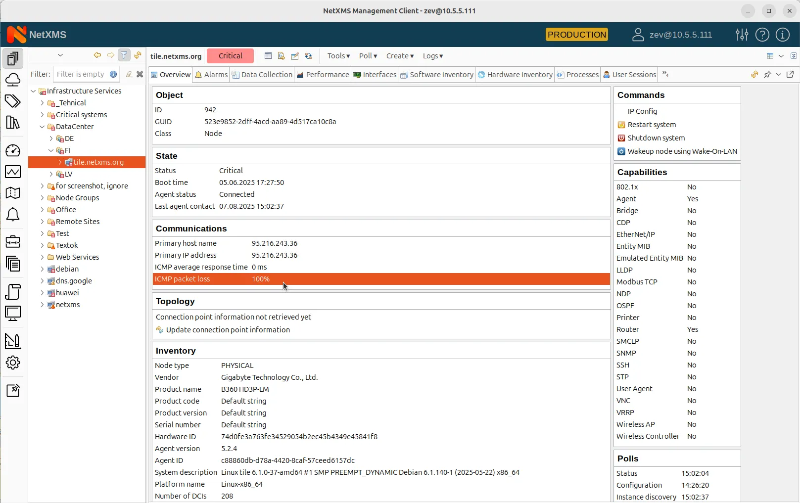 100% ICMP packet loss indicated in the Object Overview