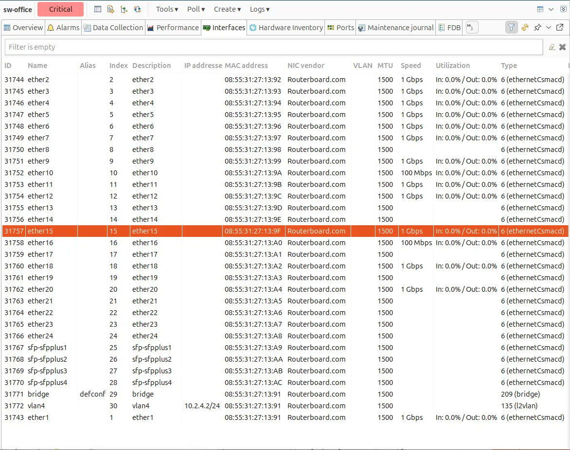 NetXMS interface table