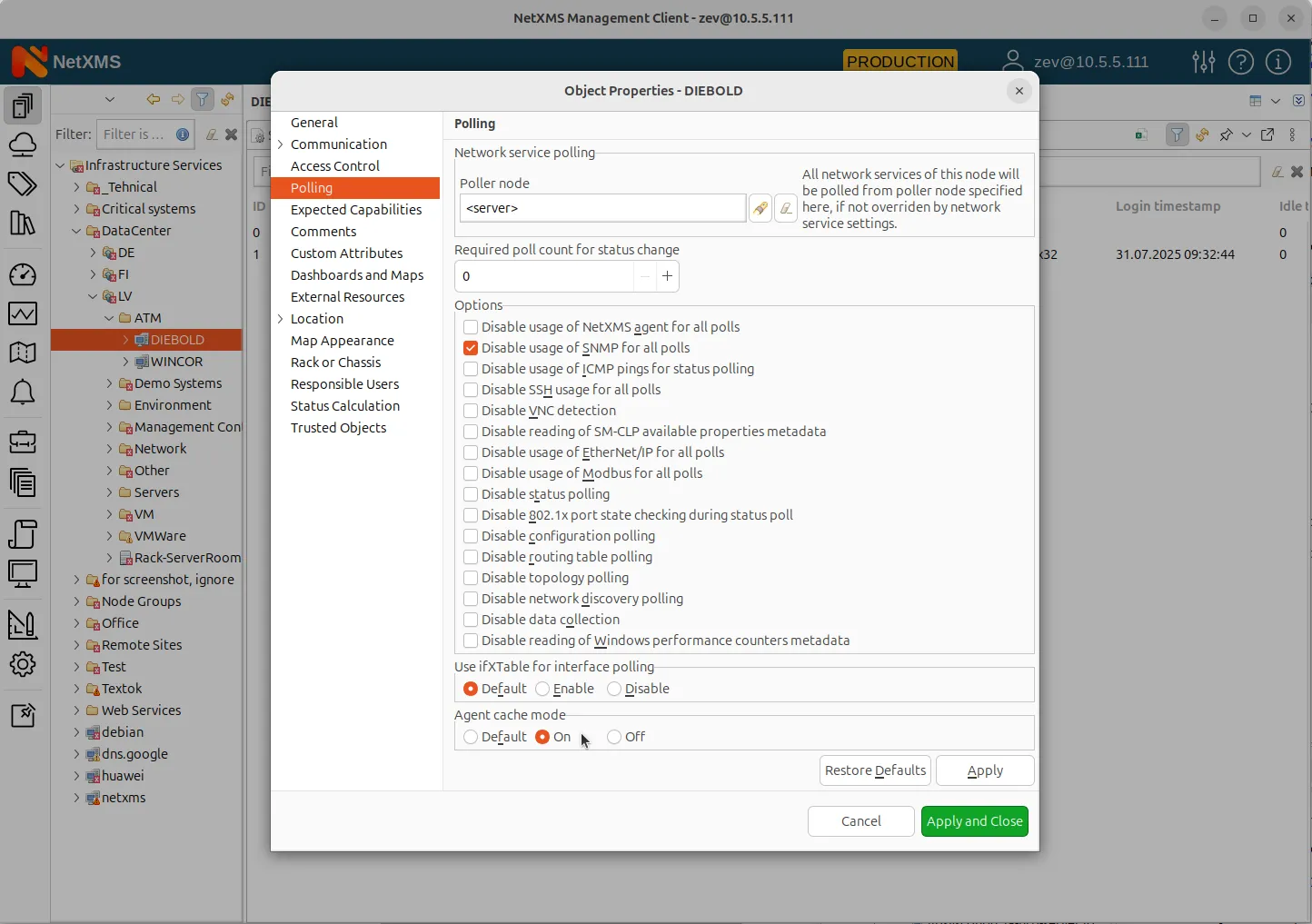 Node configuration of the agent cache mode that accumulates data on an agent while connection is interrupted