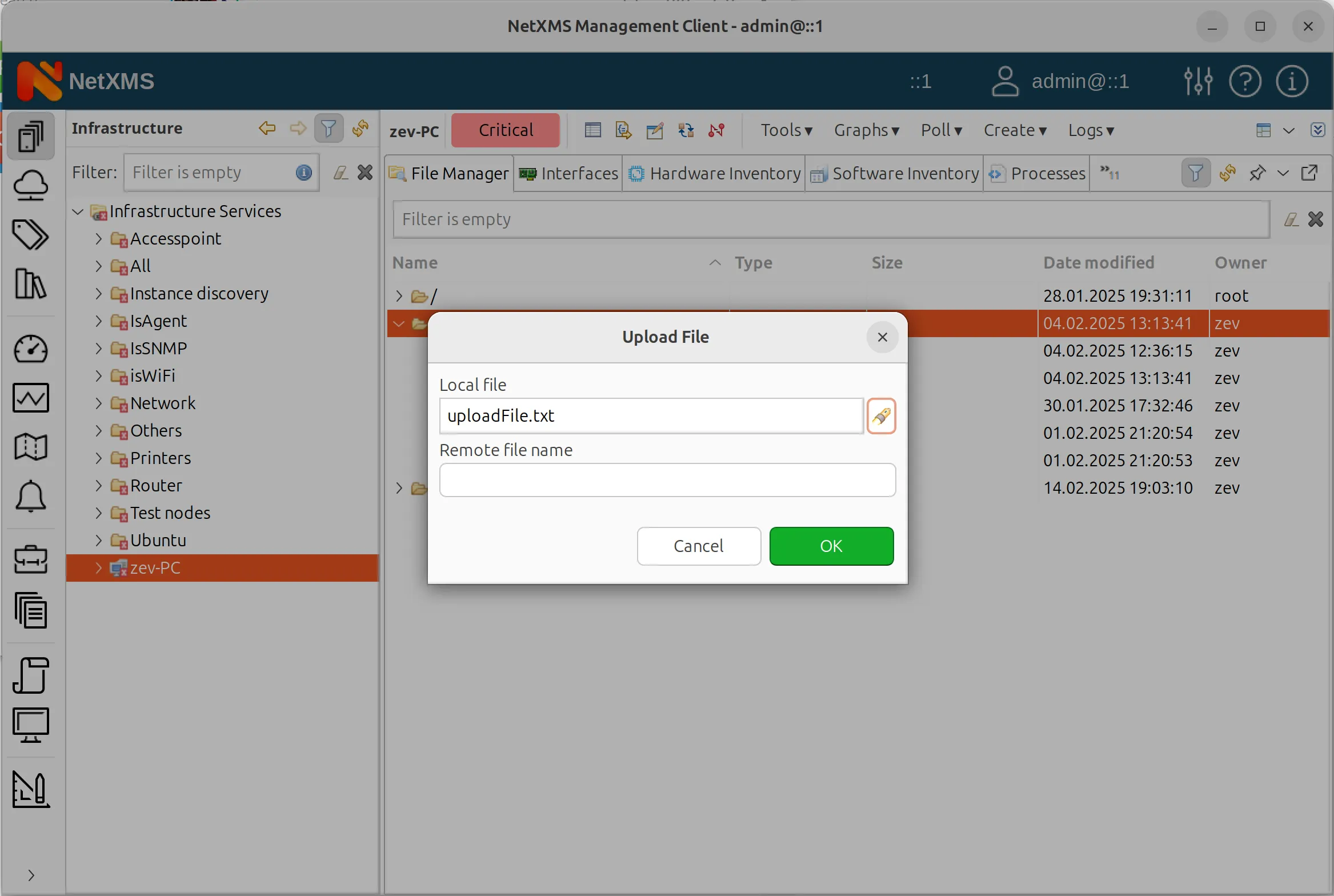 Upload File dialog window in NetXMS file manager