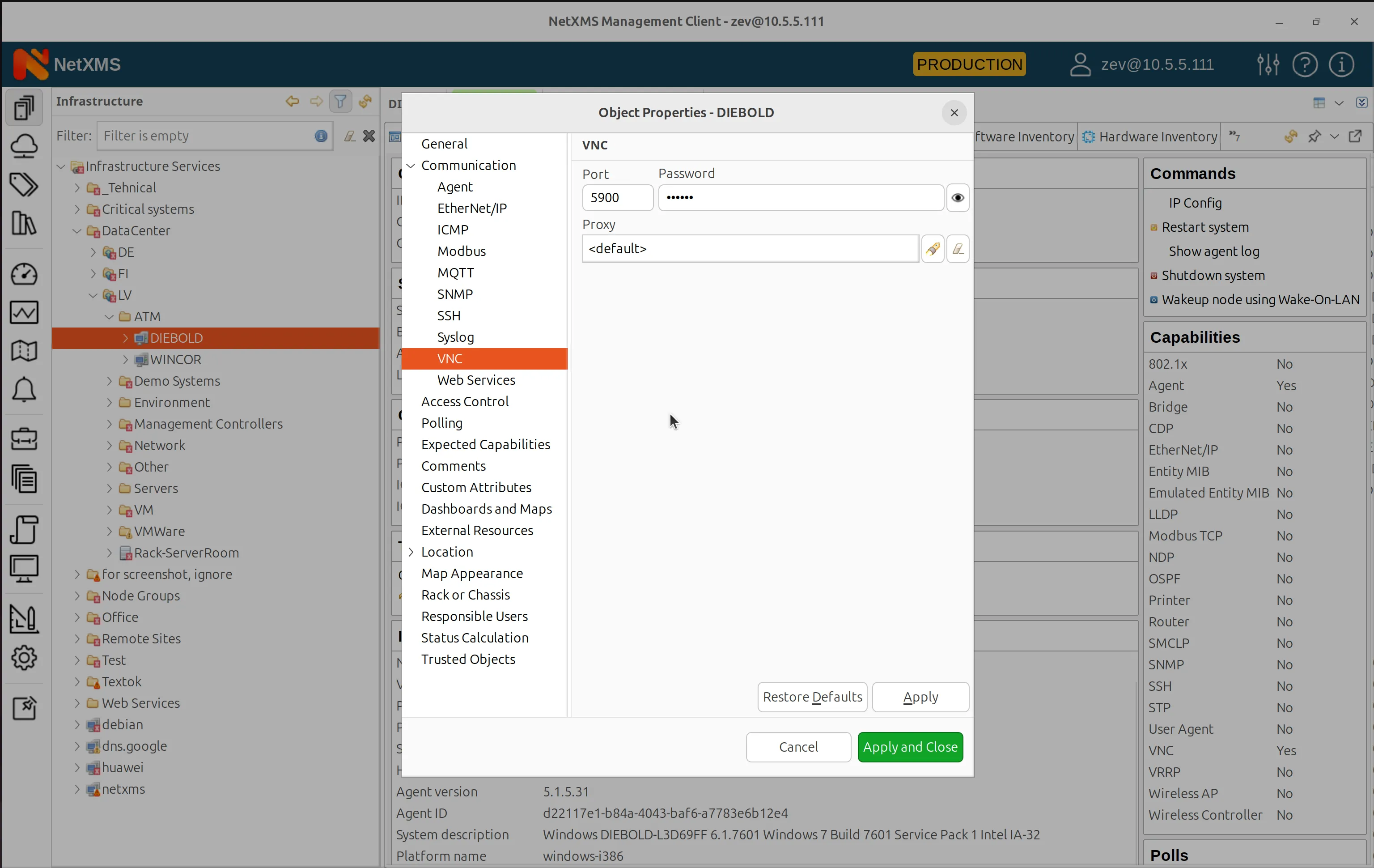 VNC configuration in NetXMS Node Properties