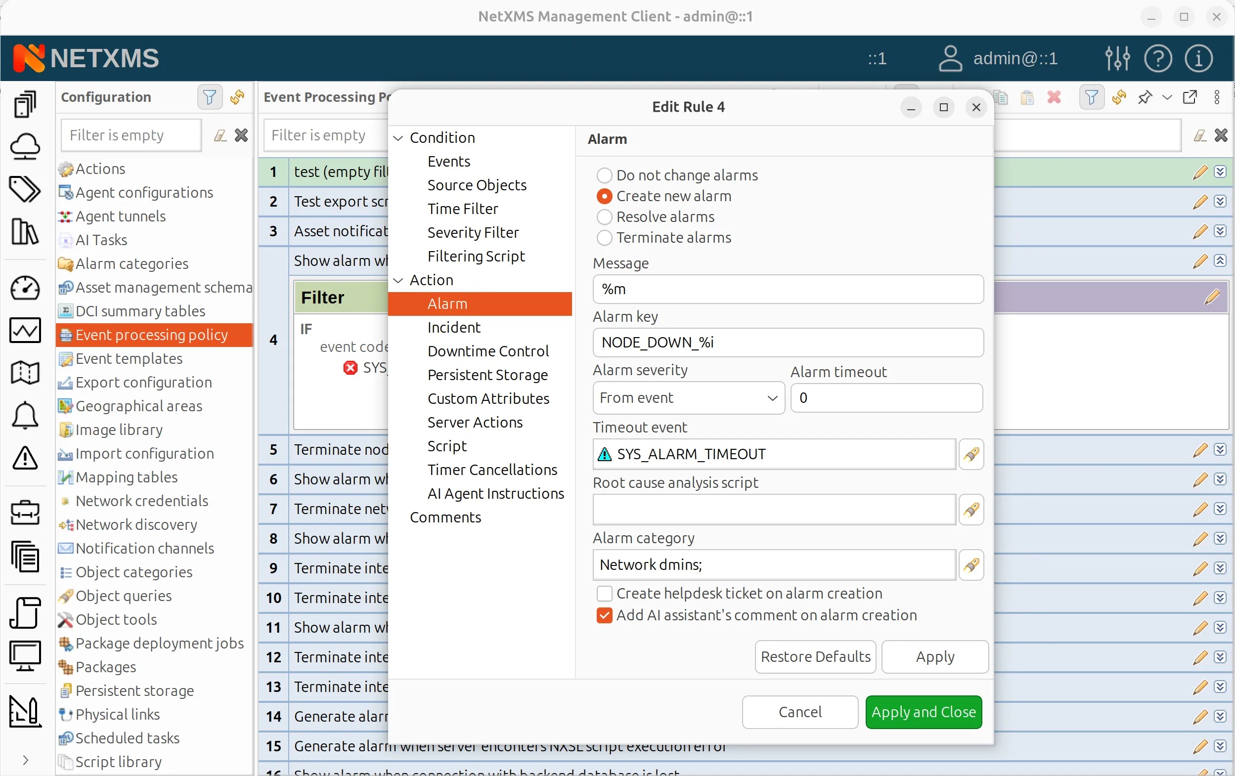 Automatic AI comments configuration in event processing policies