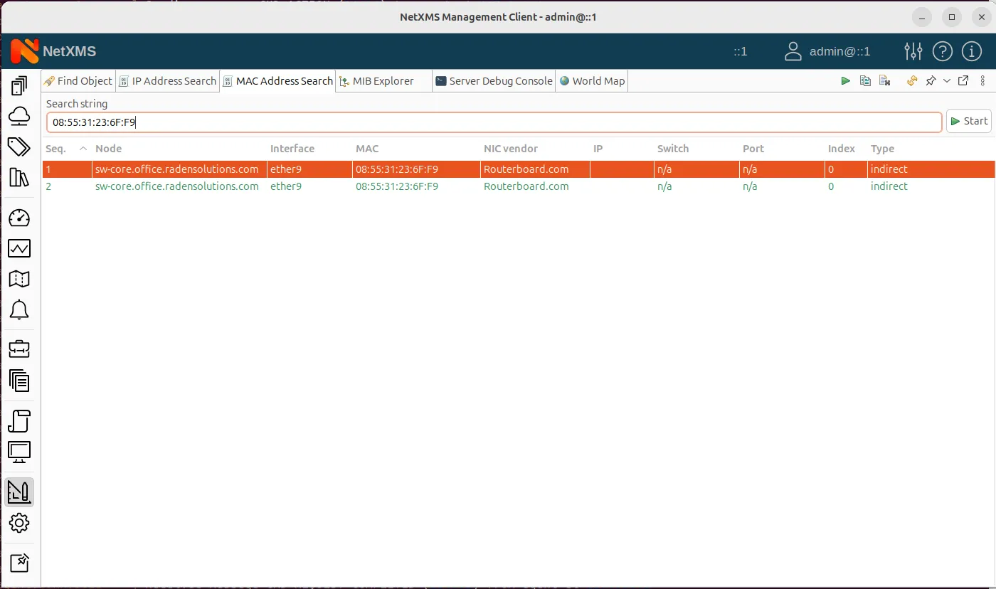 NetXMS MAC address search