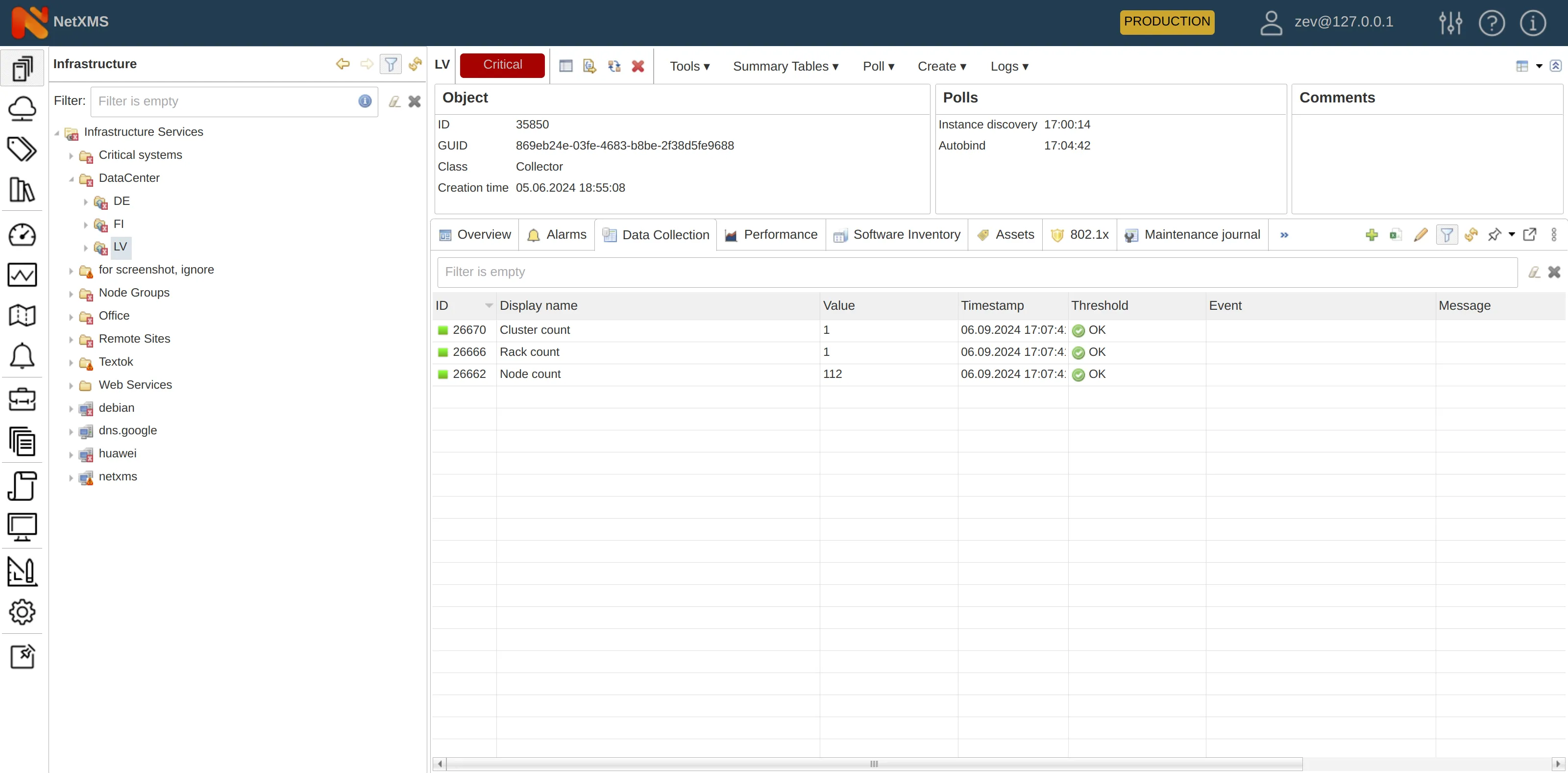 Summary DCIs on Collector that show number of nodes, racks and clusters under a given site