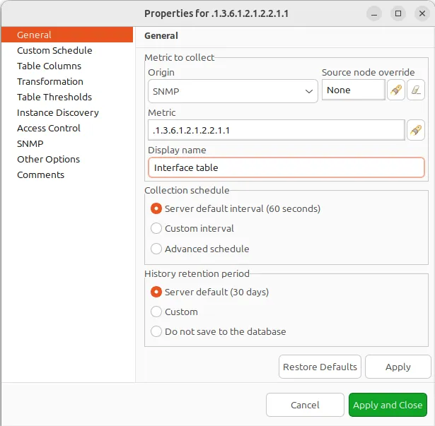 General configuration of a table