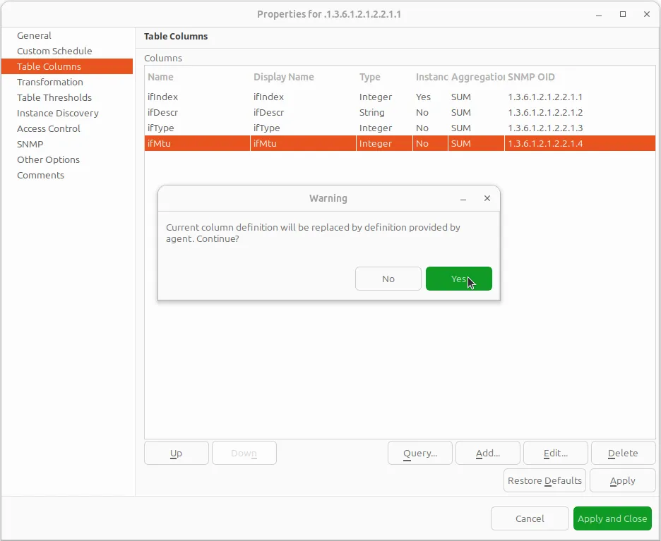Configuration of the table columns — query warning