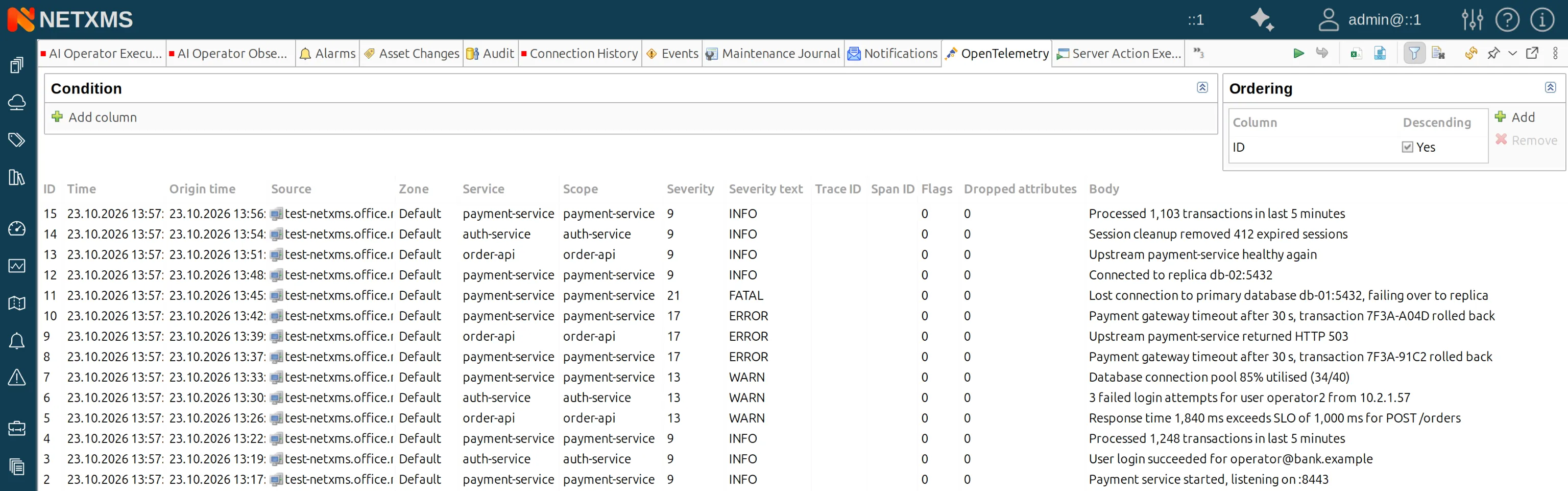 OpenTelemetry log records from several services, stored on the node