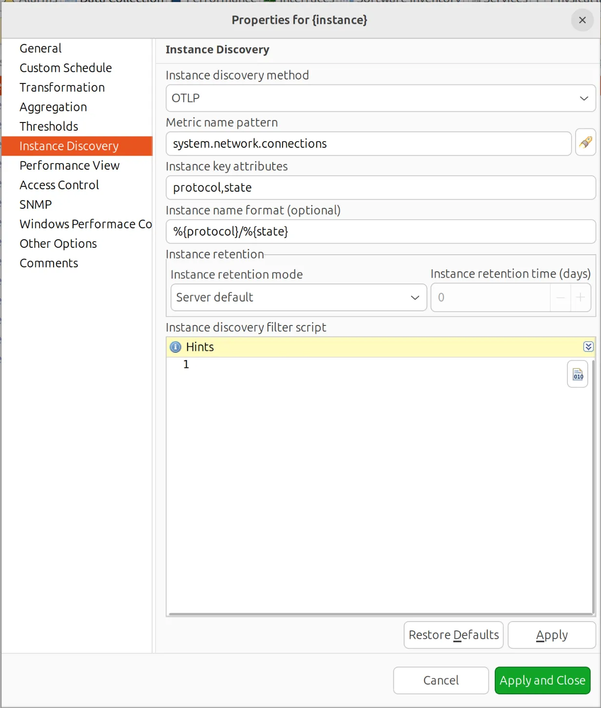 OTLP instance discovery: metric name pattern, key attributes and instance name format