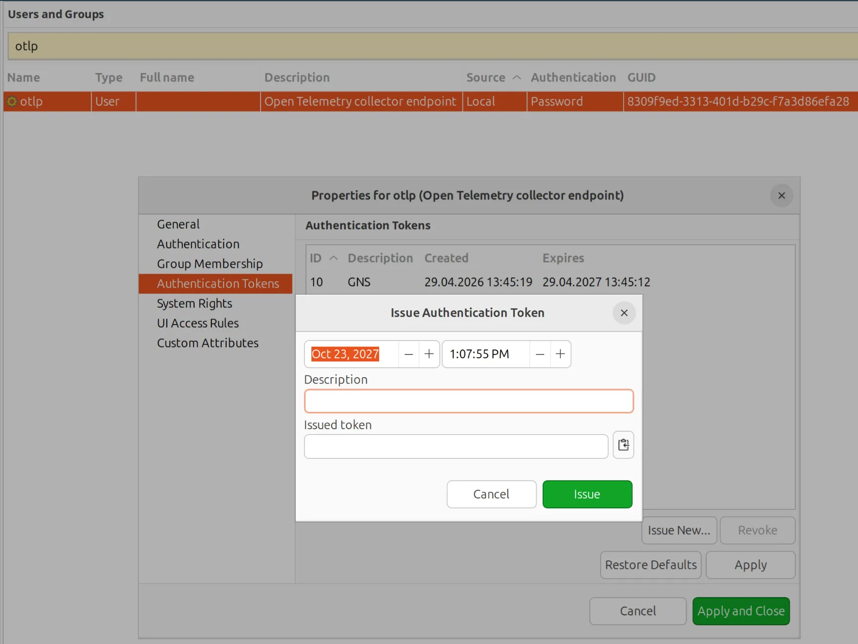 Issuing an authentication token for the dedicated OTLP user