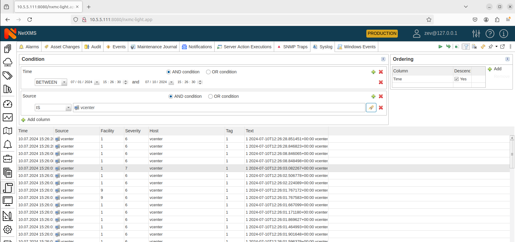 Syslog log view in NetXMS