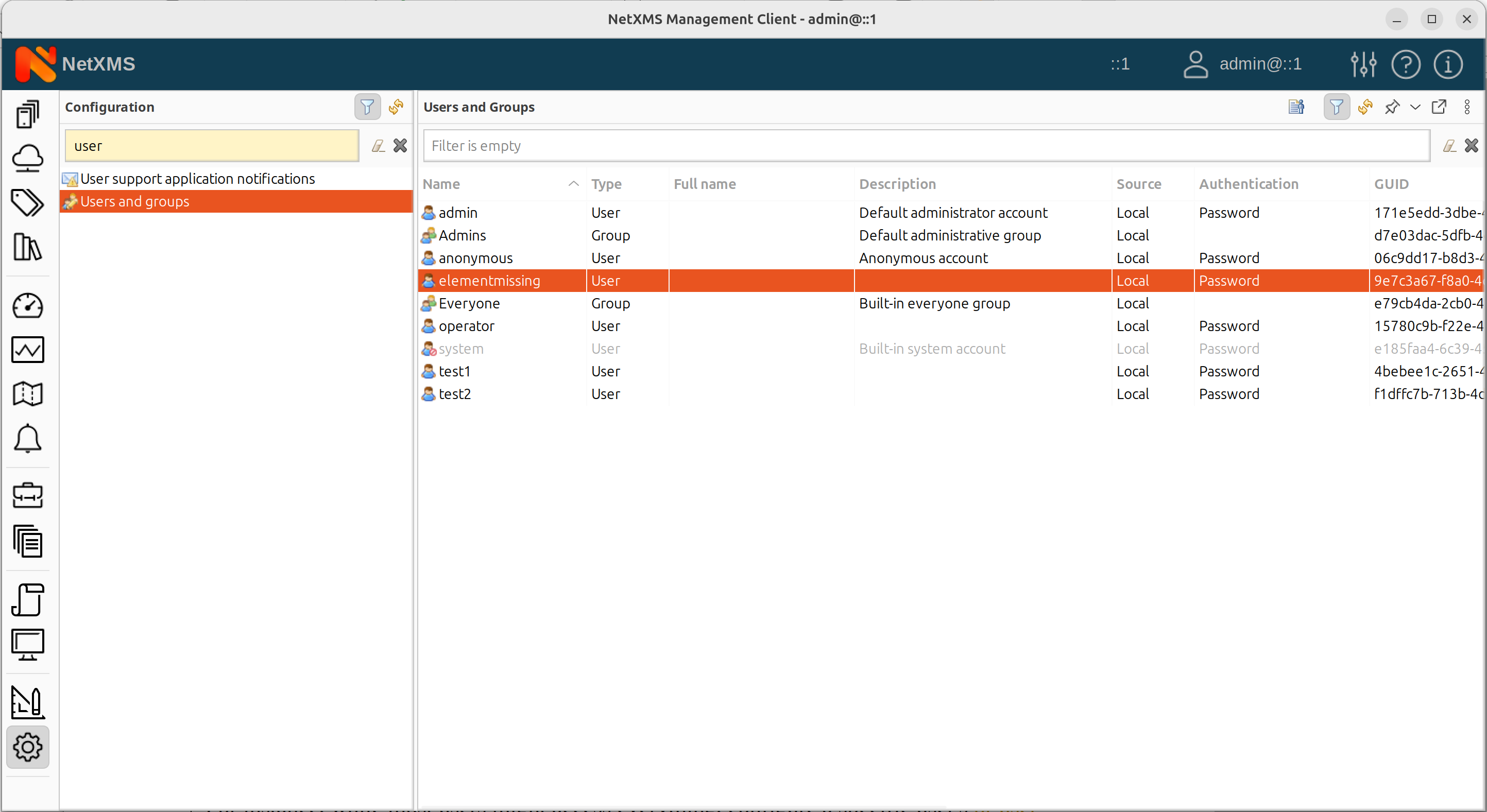 Users and Groups in configuration perspective of NetXMS