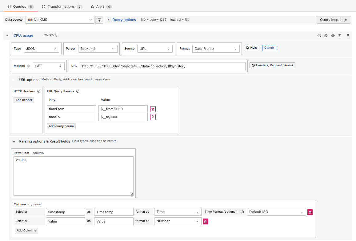 Configuration of the graph data shource using the Infinity Plugin