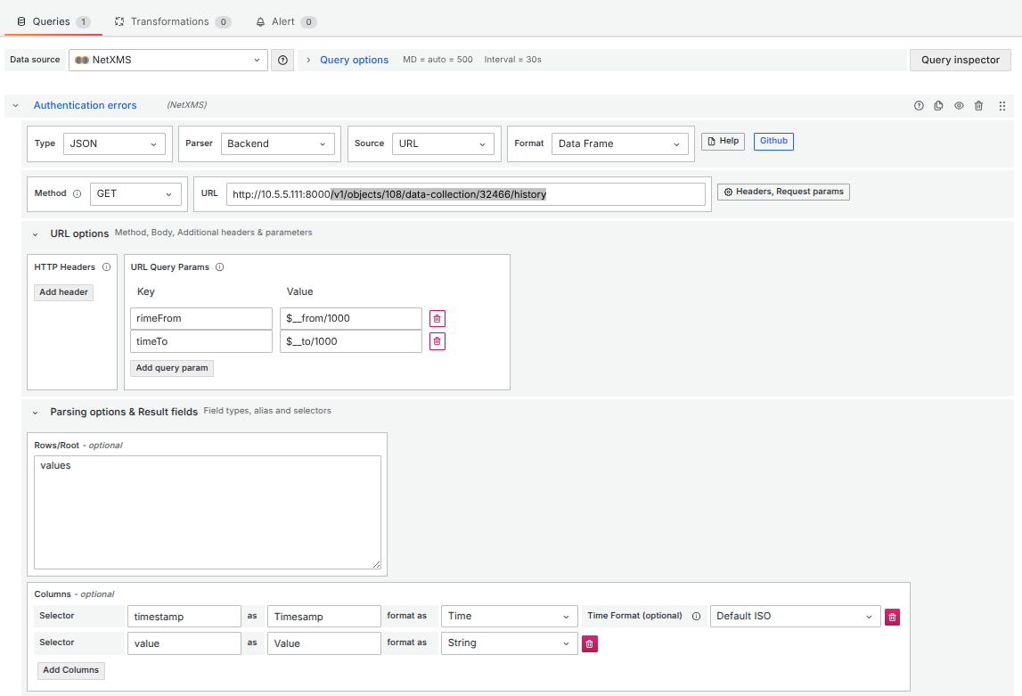 Configuration of the table data shource using the Infinity Plugin