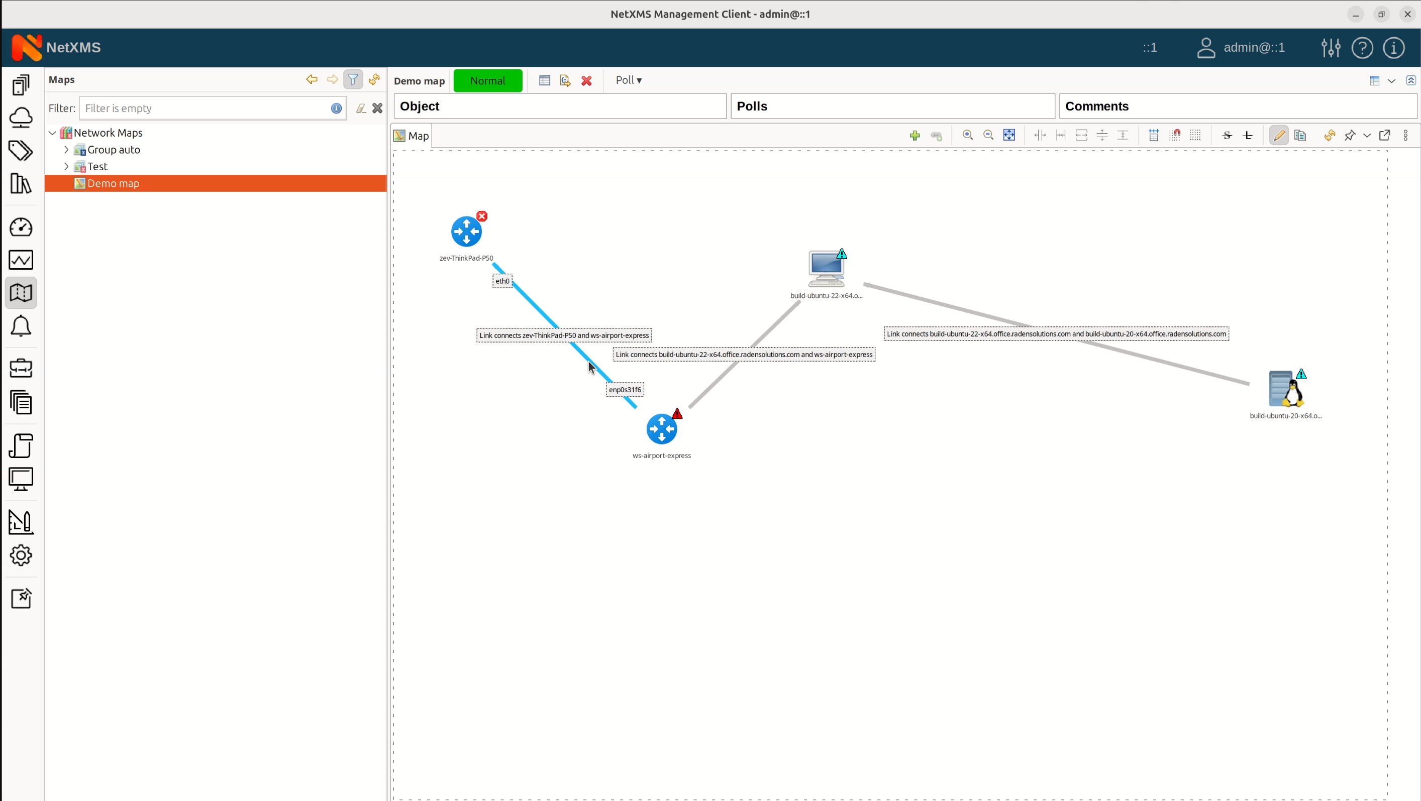 Colour-coded lines on NetXMS network maps (blue — not utilised)