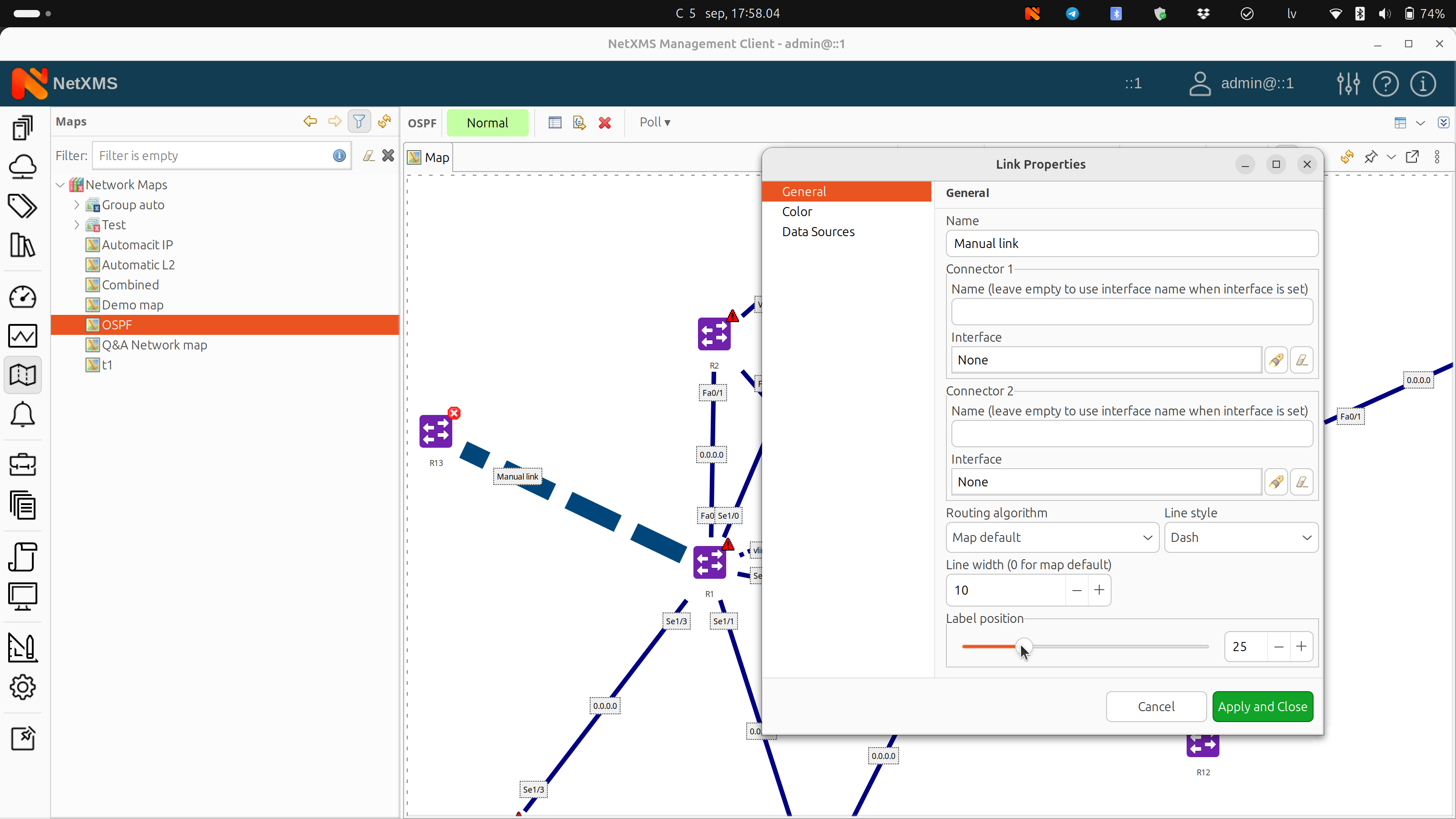 Link Properties menu in NetXMS monitoring platform