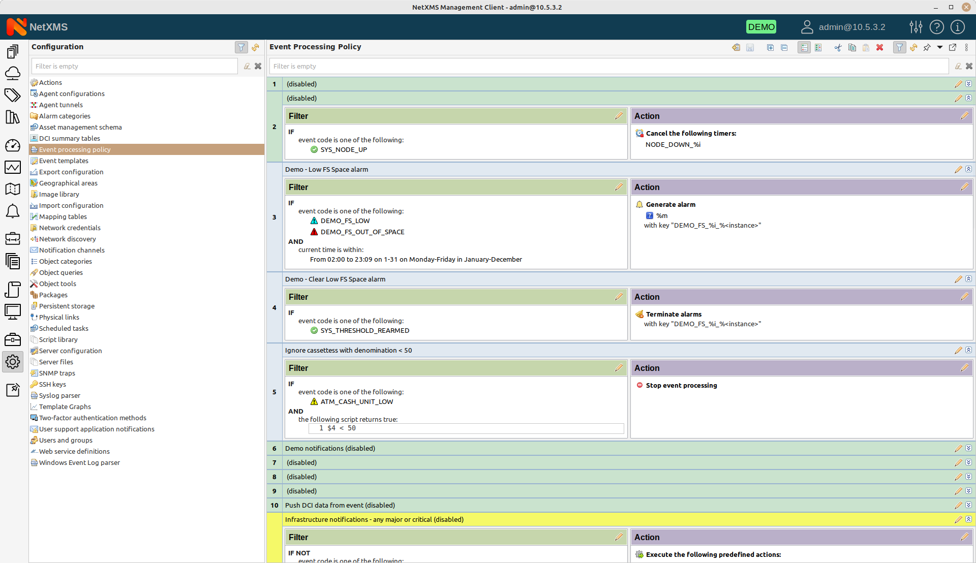 Flexible Event Processing Policy in the NetXMS ATM monitoring and management system allows to set up a complex logic behind a reaction to certain events, including remote automatic actions and escalation.